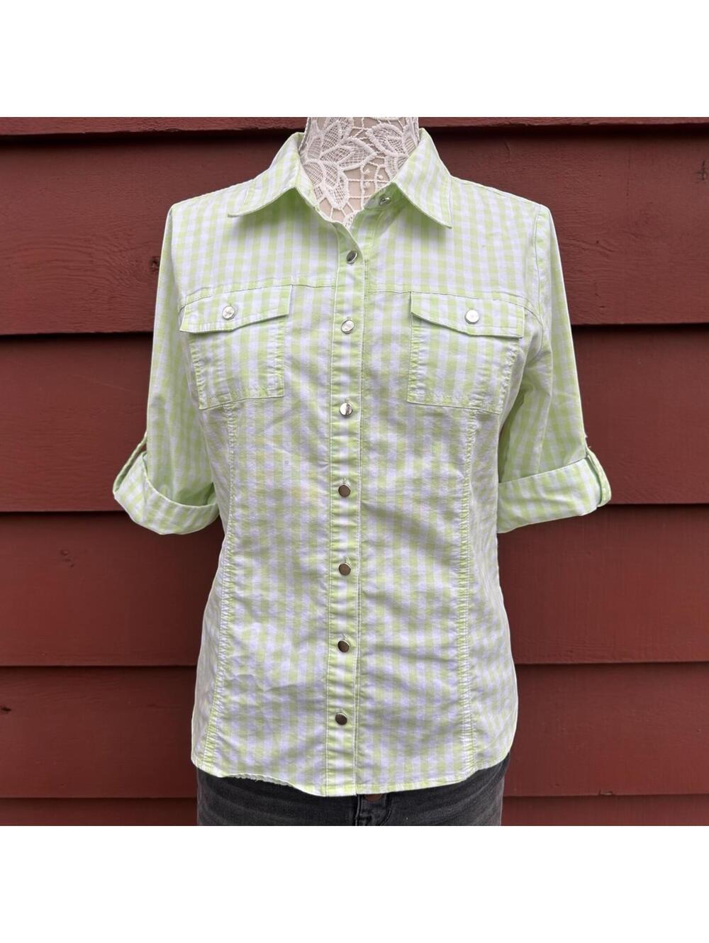 Christopher & Banks Lime Green White Gingham Button‎ Up Shirt